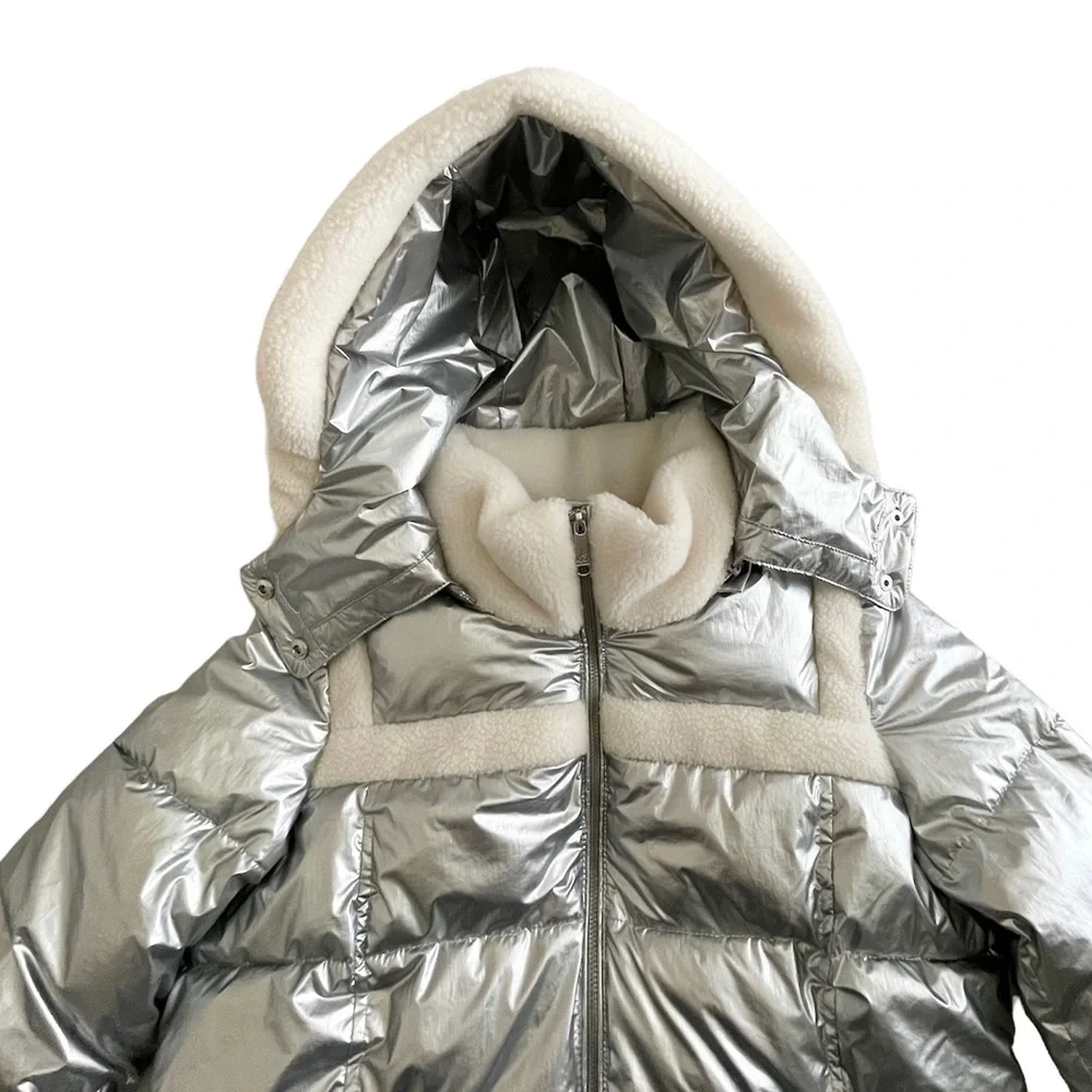 Sam Edelman METALLIC FLEECE TRIM HOODED PUFF COAT IN SILVER NWT - Picture 7 of 14